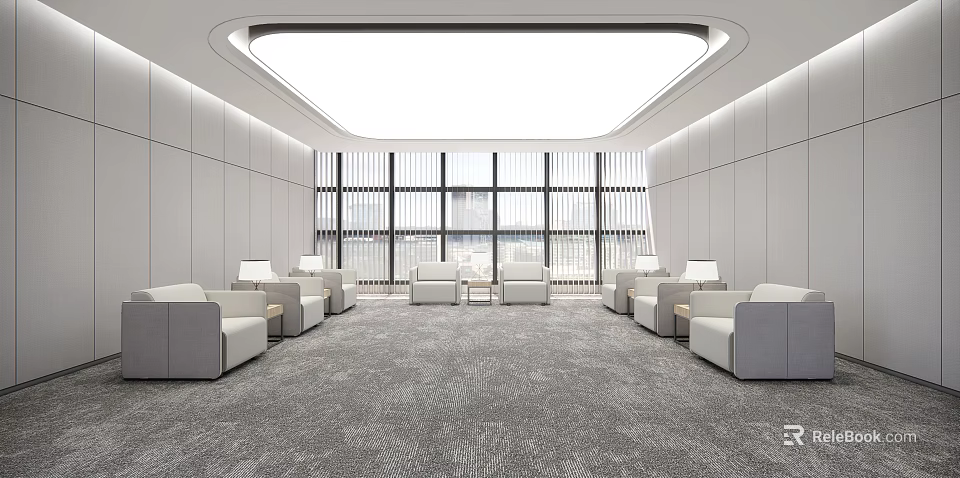 Modern Hotel Public Lounge Interior With Large Windows And Comfortable Gray Sofas 3d model