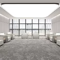 Modern Hotel Public Lounge Interior With Large Windows And Comfortable Gray Sofas 3d model