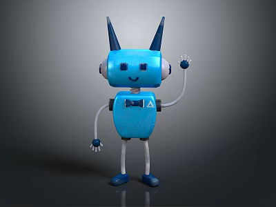 Blue 3D Robot Character With Black Horns Smiling Face Waving Hand And White Arms Legs 3d model