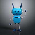 Blue 3D Robot Character With Black Horns Smiling Face Waving Hand And White Arms Legs