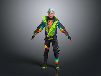 Vibrant Cyberpunk Character With Rainbow Outfit And Mechanical Creature Companion 3d model