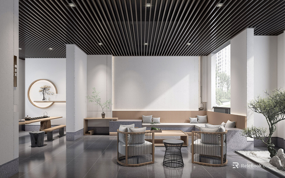 Hotel Public Lounge Area With Black Wooden Slat Ceiling Light Colored Sofa And Green Plants 3d model 