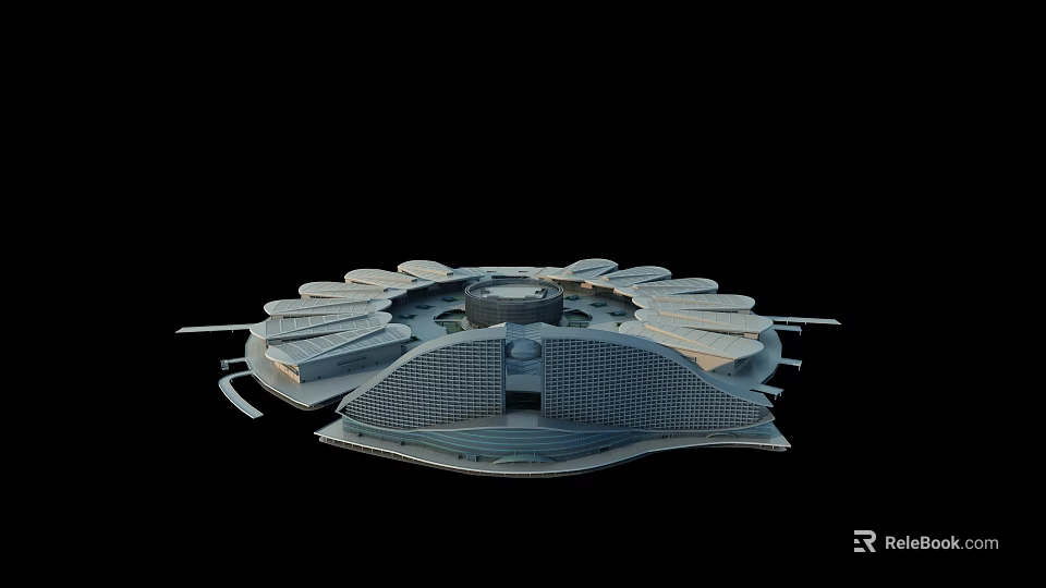 Innovative Architectural Model Showcasing Circular Structure With Fan Shaped Sections And Wave Like Base 3d model 