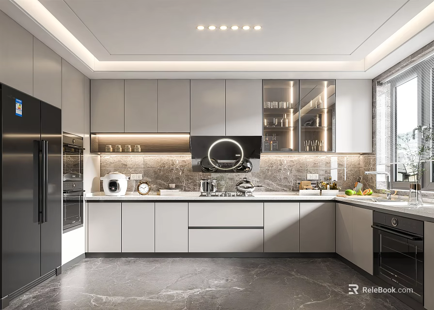 Modern Kitchen Interior With Gray Cabinets Marble Countertops Built-in Appliances And Pendant Lights 3d model 