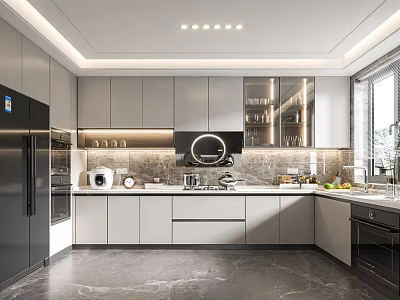 Modern Kitchen Interior With Gray Cabinets Marble Countertops Built-in Appliances And Pendant Lights 3d model