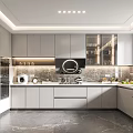 Modern Kitchen Interior With Gray Cabinets Marble Countertops Built-in Appliances And Pendant Lights