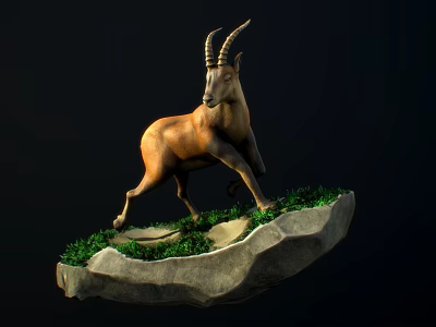 Horned Ibex Standing on Rock with Green Grass in Natural Setting 3d model