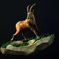 Horned Ibex Standing on Rock with Green Grass in Natural Setting