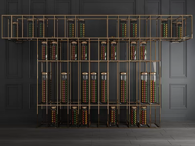 Modern Metal Frame Decorative Cabinet With Multiple Shelves Glass Jars And Colorful Contents 3d model