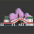 Traditional Chinese Garden Miniature Model With Green Roof Pavilions Red Bridge And Pink Blossom Tree
