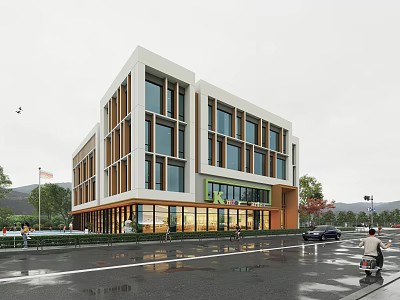 Modern School Building Exterior Design With Large Windows White Wooden Facade Road Trees And Pedestrians 3d model
