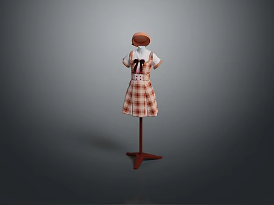 Plaid Dress With Number 21 Hat On Mannequin Wooden Stand 3d model