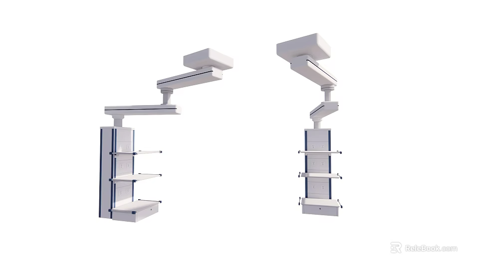 White Medical Pendant With Adjustable Arm And Multiple Shelves For Hospital Use 3d model 