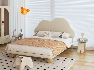 Beige Double Bed with Cloud Shaped Headboard Brown Blanket White Pillows Orange Lamp Kids Room 3d model