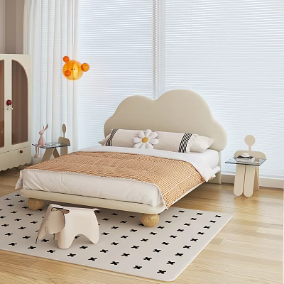 Beige Double Bed with Cloud Shaped Headboard Brown Blanket White Pillows Orange Lamp Kids Room 3d model