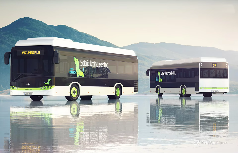 Sustainable V2E PEOPLE Branded Buses with Mountain Background and Water Reflection 3d model 