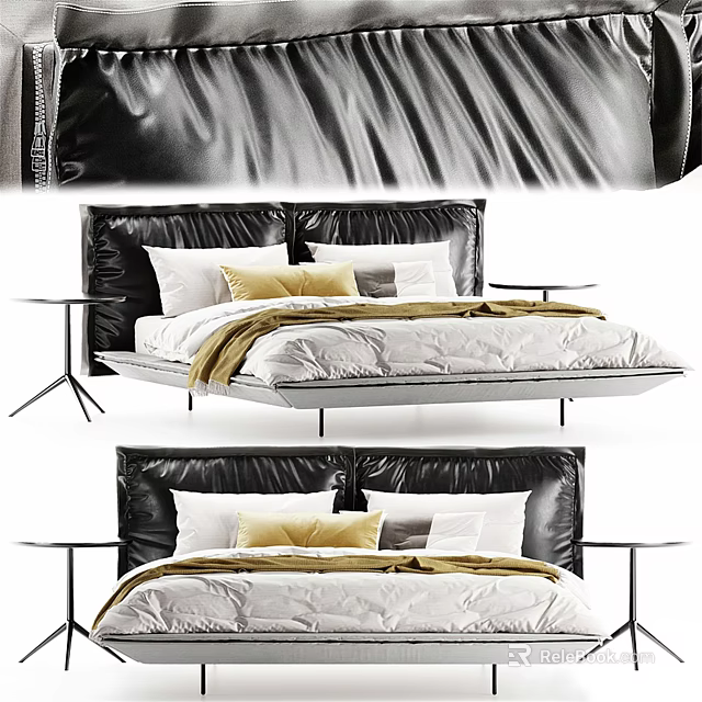 Stylish Modern Double Bed Featuring Black Leather Headboard White Beige Sheets Pillows And Bedside Tables 3d model 