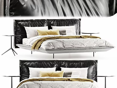 Stylish Modern Double Bed Featuring Black Leather Headboard White Beige Sheets Pillows And Bedside Tables 3d model