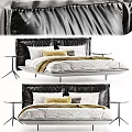 Stylish Modern Double Bed Featuring Black Leather Headboard White Beige Sheets Pillows And Bedside Tables