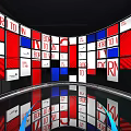Modern Display Area With Blue White Cubic Podiums And Red White Blue Screen Wall