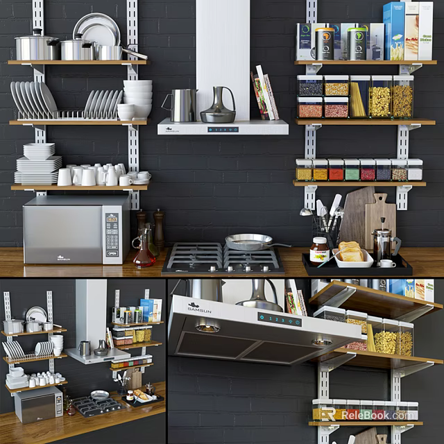 Organized Kitchen Shelves with Dishes Bowls Jars and Kitchenware Including Stove and Microwave 3d model 
