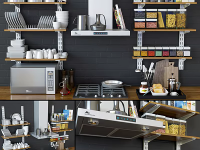 Organized Kitchen Shelves with Dishes Bowls Jars and Kitchenware Including Stove and Microwave 3d model