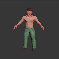 3D Male Character Model With Cowboy Hat Bare Chest Shiny Green Pants And Dark Background