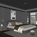 Modern Bedroom Interior Design With Dark Walls Bed Decorative Painting Pendant Light And Window Blinds