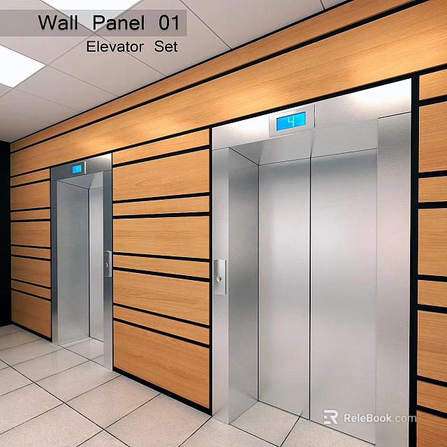 Modern Commercial Elevator Hall Wall Decor With Wooden Strips And Metal Elements 3d model 