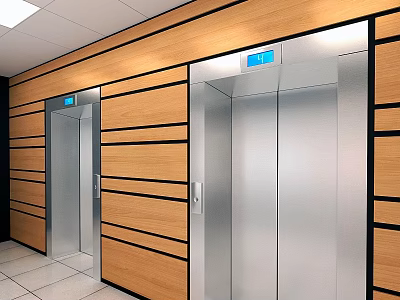 Modern Commercial Elevator Hall Wall Decor With Wooden Strips And Metal Elements 3d model