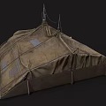 Tattered Vintage Canvas Tent With Ropes And Metal Buckets On Sandy Ground
