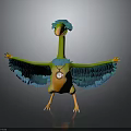 Colorful Bird with Green Blue Feathers Orange Body Round Badge Standing Spread Wings on Gray