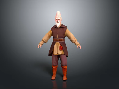 Elderly Male 3D Character With White Hair Beard Brown Vest Red Pouch And Orange Boots 3d model