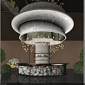 Elegant Hotel Lobby Interior With Large White Chandelier Marble Bar Counter And Green Plants