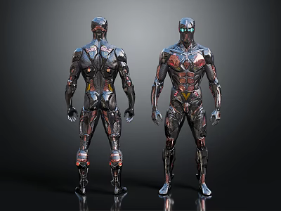 Robot Characters With Metallic Texture Front And Back Views And Glowing Elements 3d model