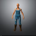 Elderly Man With Bald Head Wearing Blue Overalls With Ripped Holes And Brown Boots