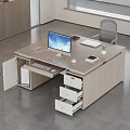 Wooden Office Desk With Computer Monitor Keyboard Mouse Notebook Open Drawers And Potted Plant