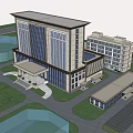 Modern Multi story Office Building With Symmetric Facade And Green Lawn Surroundings