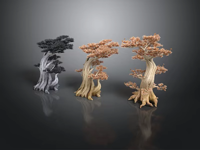 Colorful Decorative Trees With Textured Trunks Unique Branches And Dark Background Reflections 3d model