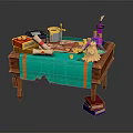 Wizardry Supplies on Wooden Table with Green Cloth Scroll Quill and Potion Bottles