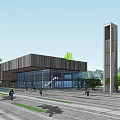 Modern Sales Office Building with Surrounding Trees Water Feature and Green Walkways