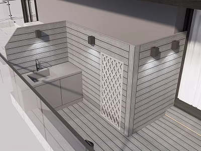 Garden Nook Outdoor Area With Sink Cabinets Wooden Slat Walls Lattice Decoration And Lighting 3d model