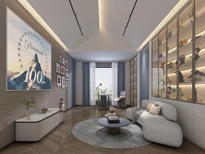 Modern Comfortable Living Room With Curved Upholstered Sofa Display Cabinet And Functional Home Workstation 3d model