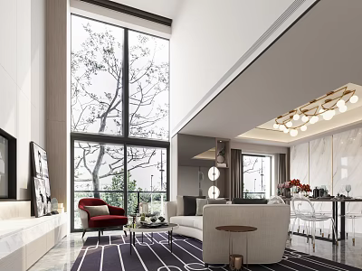 Modern Duplex Living Room Interior Design With Large Windows Natural View Sofa And Chandelier 3d model