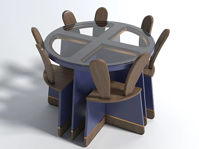 Modern Round Glass Top Table With Six Wooden Chairs And Blue Legs 3d model