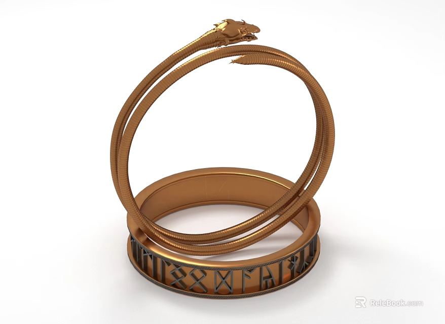 Golden Snake Design Bracelet And Rune Engraved Ring Stacked Jewelry Set 3d model 