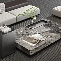 Modern Marble Top Coffee Table With Magazine Plant And Sofa In Living Room