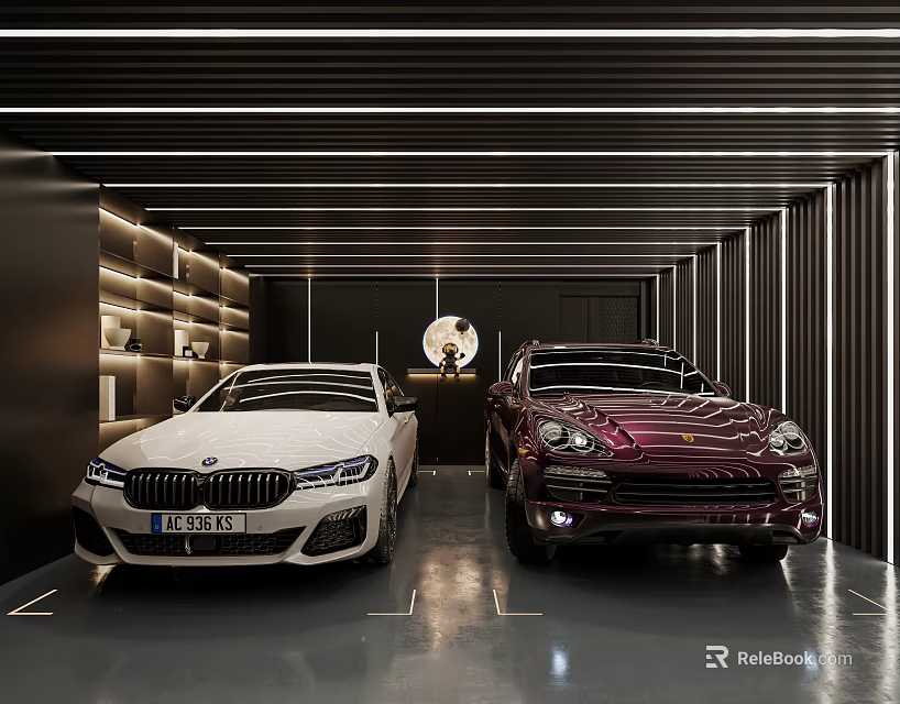 Modern Garage Interior Design With Two Luxury Cars And Shelves 3d model 