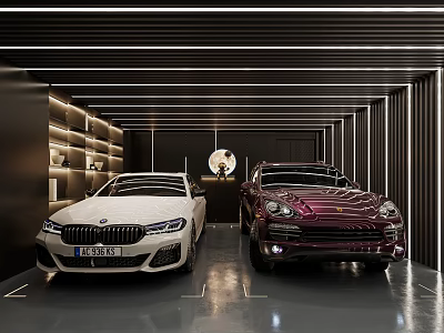 Modern Garage Interior Design With Two Luxury Cars And Shelves 3d model