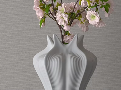 Elegant White Textured Vase With Pink Blooming Flowers And Green Leaves 3d model